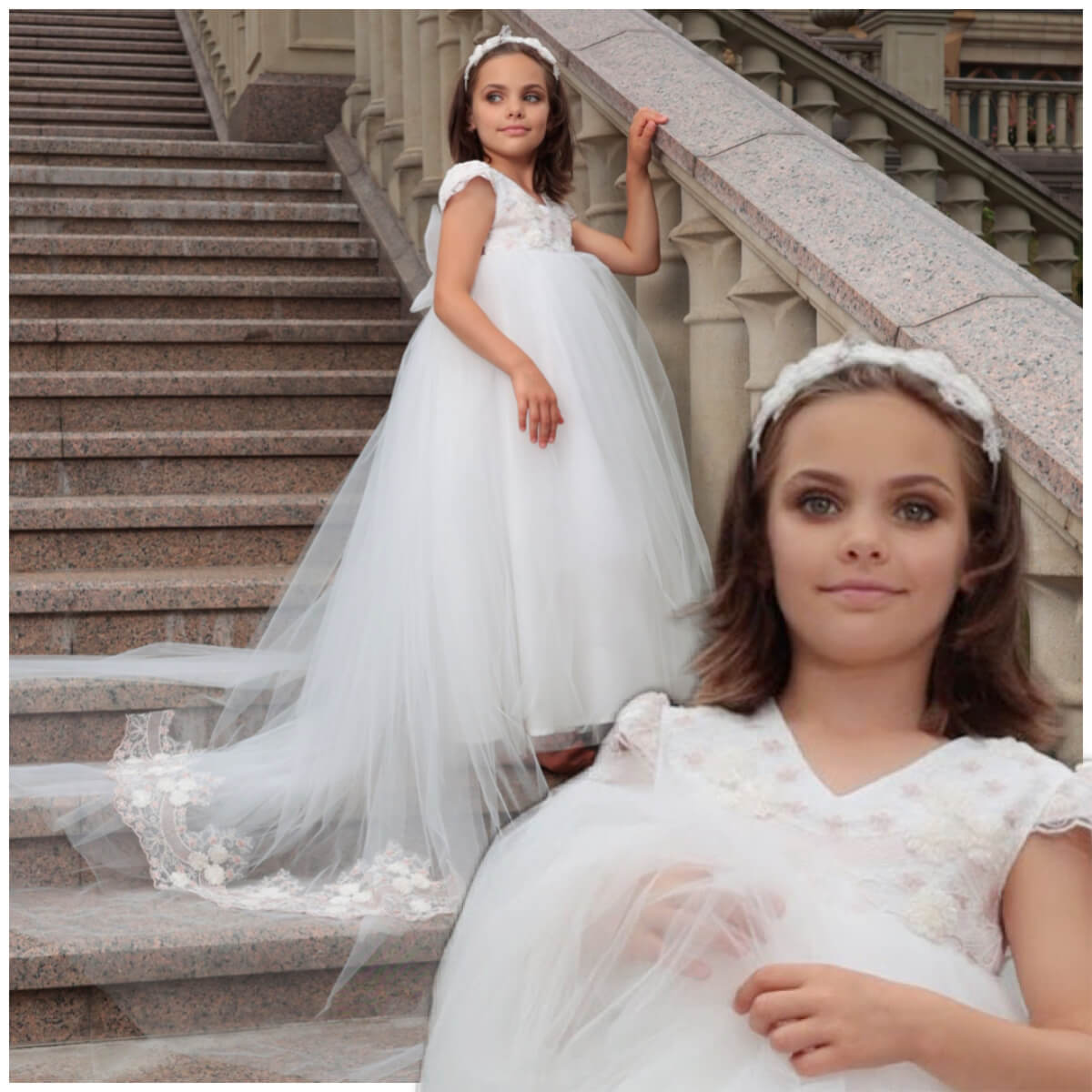 Two young girls in white dresses standing on stone steps.