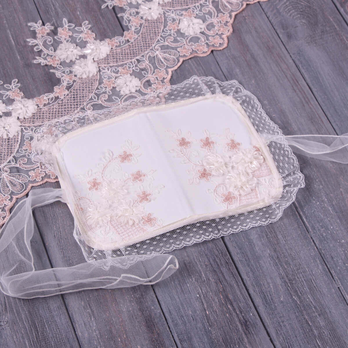 Baby Baptism Keepsake Box with lace on a wooden surface