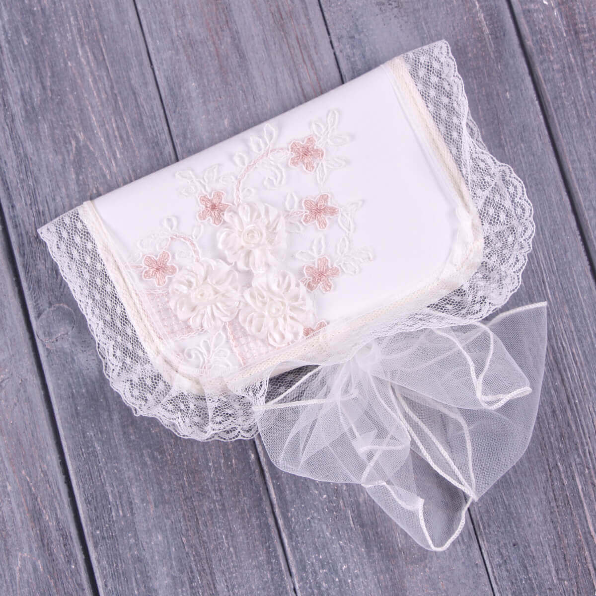 Baby Baptism Keepsake Box with lace trim on a wooden surface