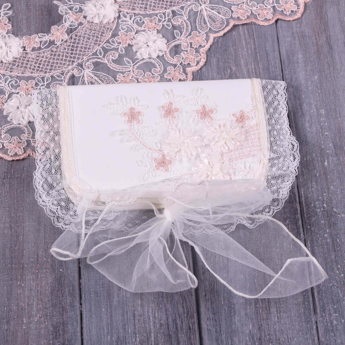 Baby Baptism Keepsake Box with lace and floral embroidery on a wooden surface