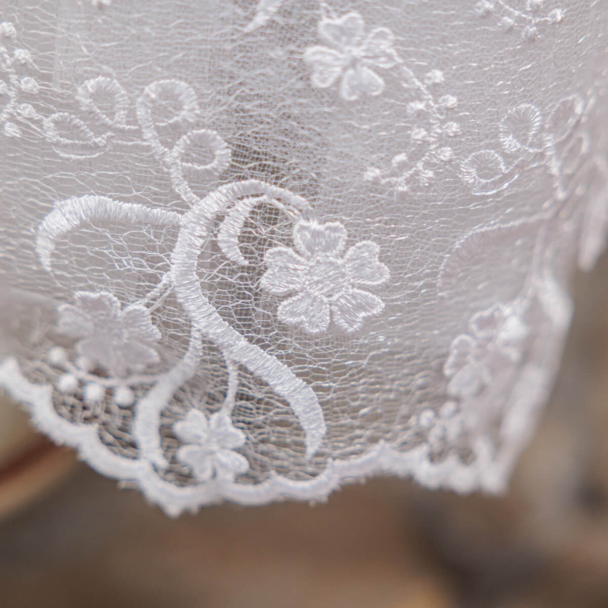 Close-up of white lace fabric with floral patterns on a blurred background