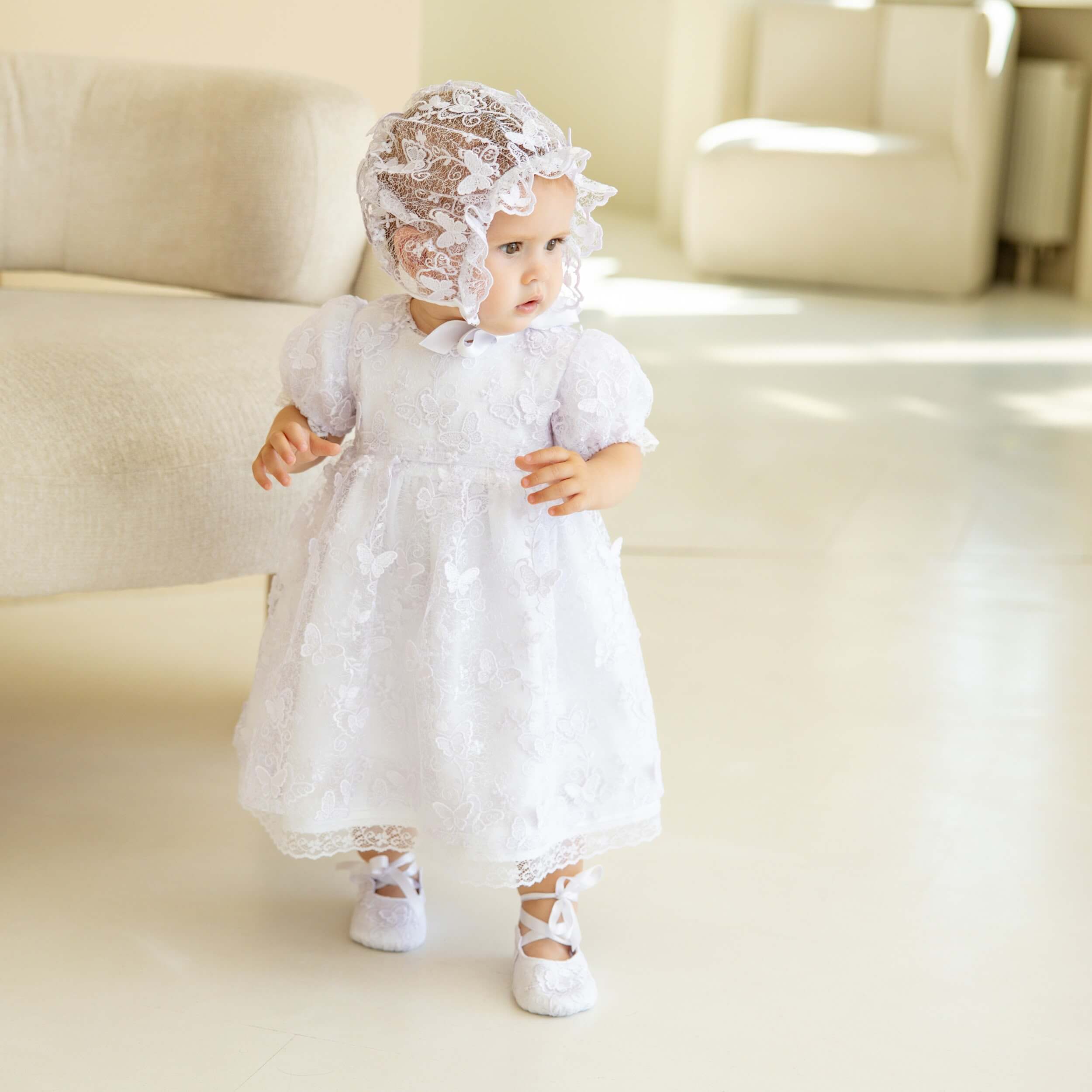 INESSA Baptism Dress Set with Lace Hat for Girls – Cotton Christening Outfit