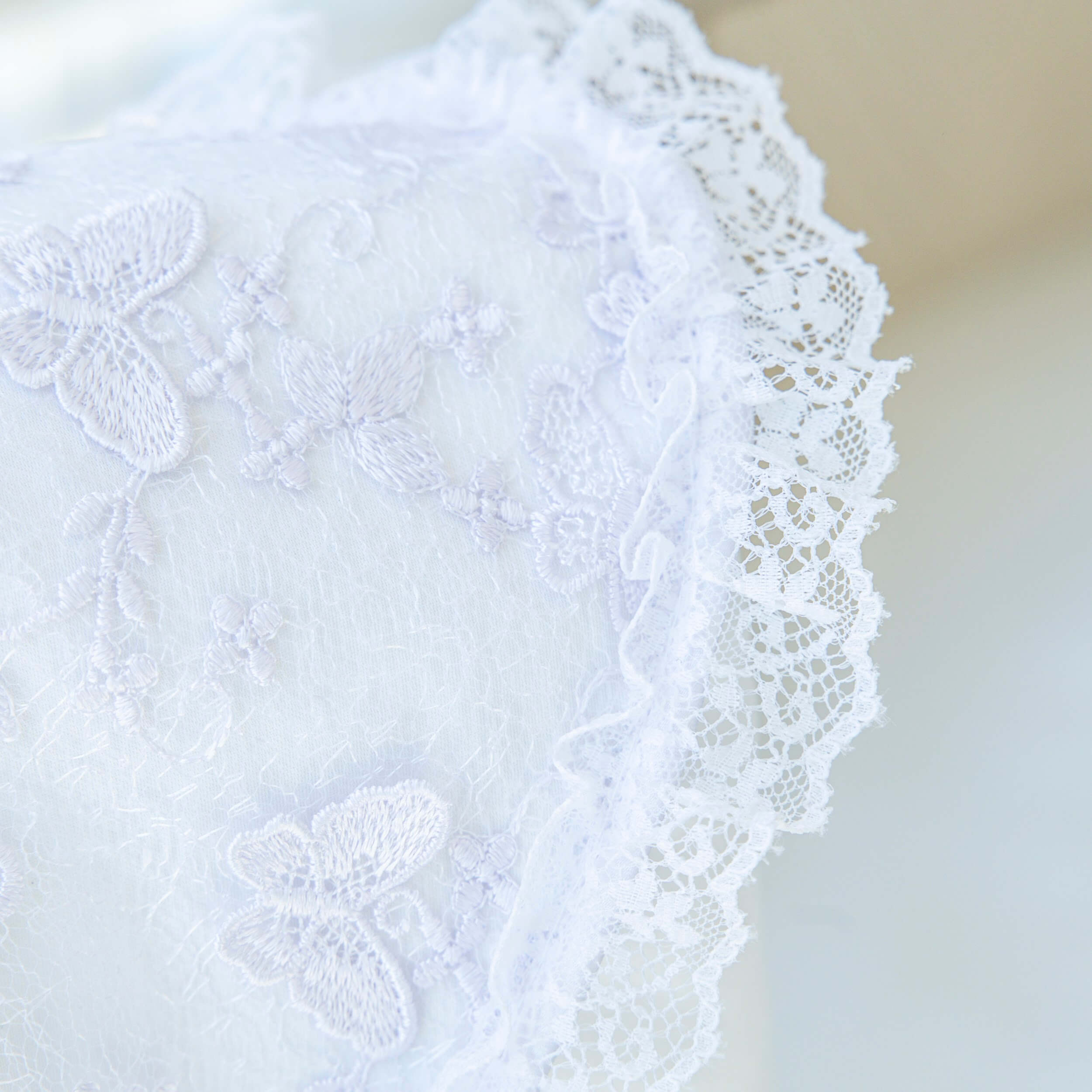 Close-up of white lace fabric on a light background