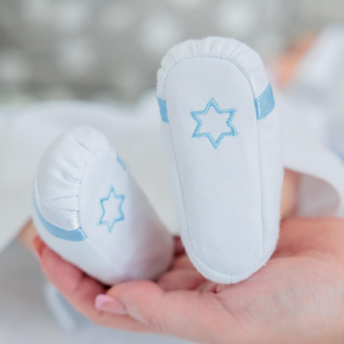 Jewish Baby Booties with David Star Embroidery & Silk Ribbons – White