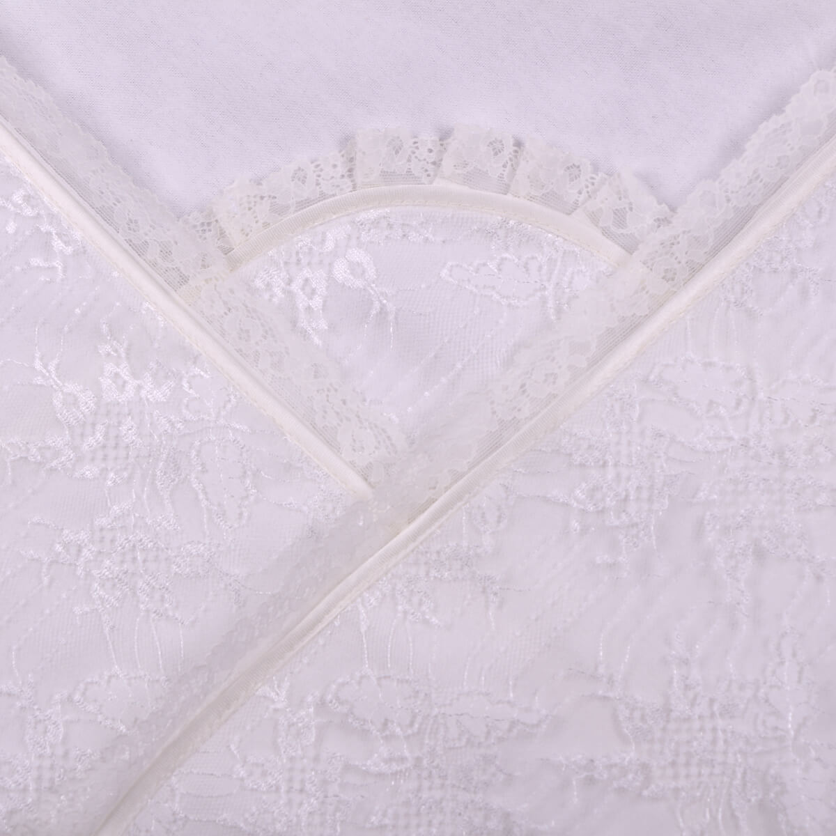 Close-up of Ivory baby blanket with lace trim with a diamond pattern