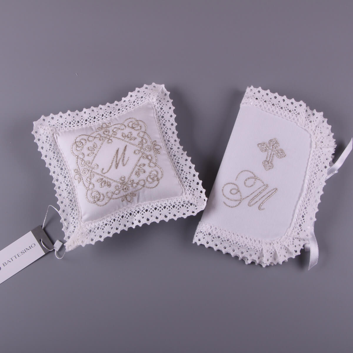 Baptism Ceremony Pillow with monograms on a gray background