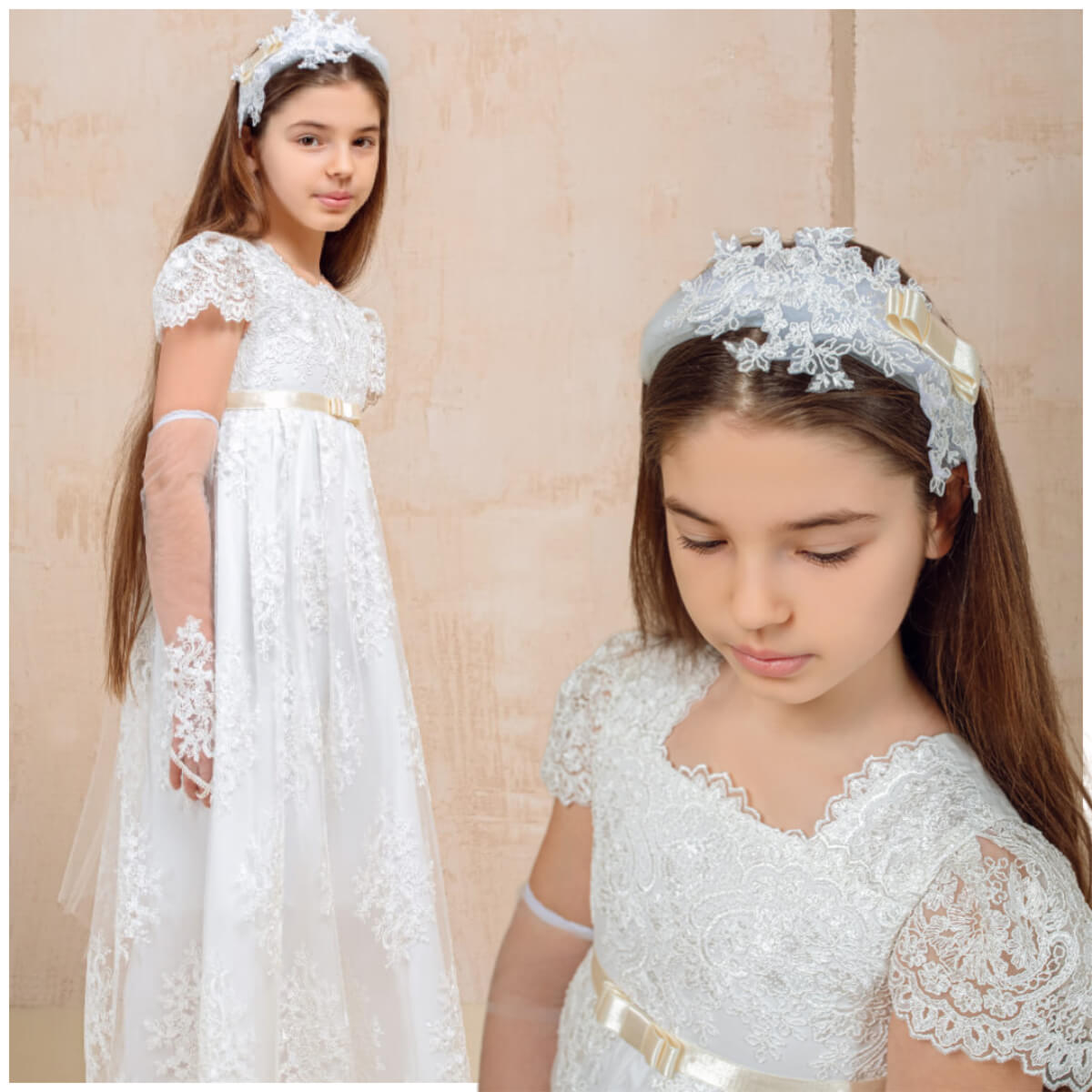 Young girl wearing a white lace dress with a matching headband against a beige background