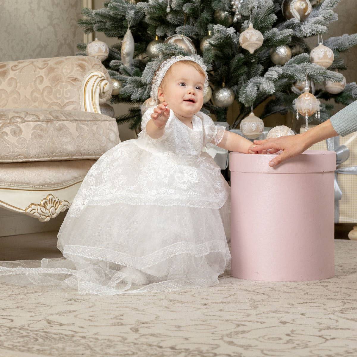 LILIANA Baptism Gown with Train - Heirloom Christening Dress