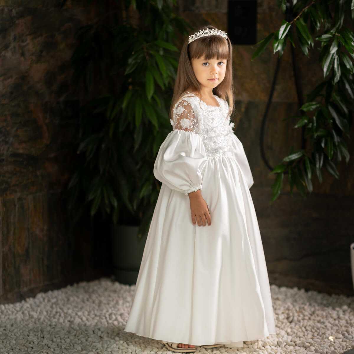 LILY Wedding Flower Girl Dress – Silk Dress with 3D Lace and Pearls