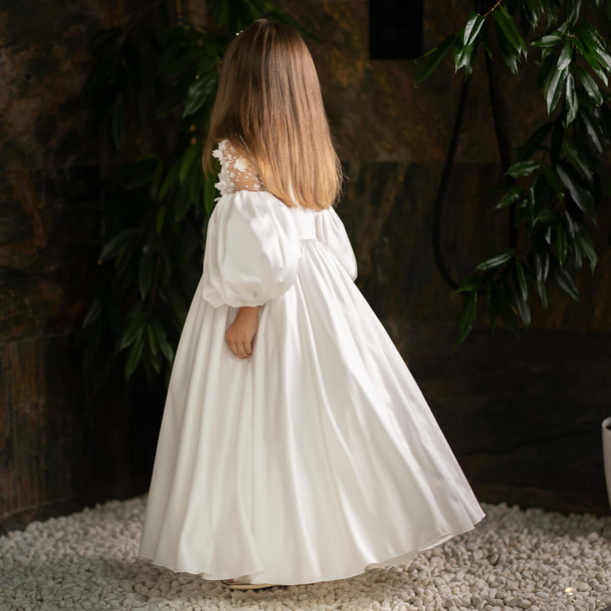 LILY Wedding Flower Girl Dress – Silk Dress with 3D Lace and Pearls