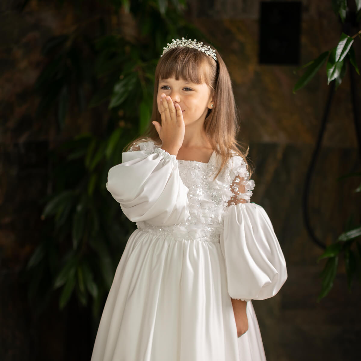 LILY Wedding Flower Girl Dress – Silk Dress with 3D Lace and Pearls