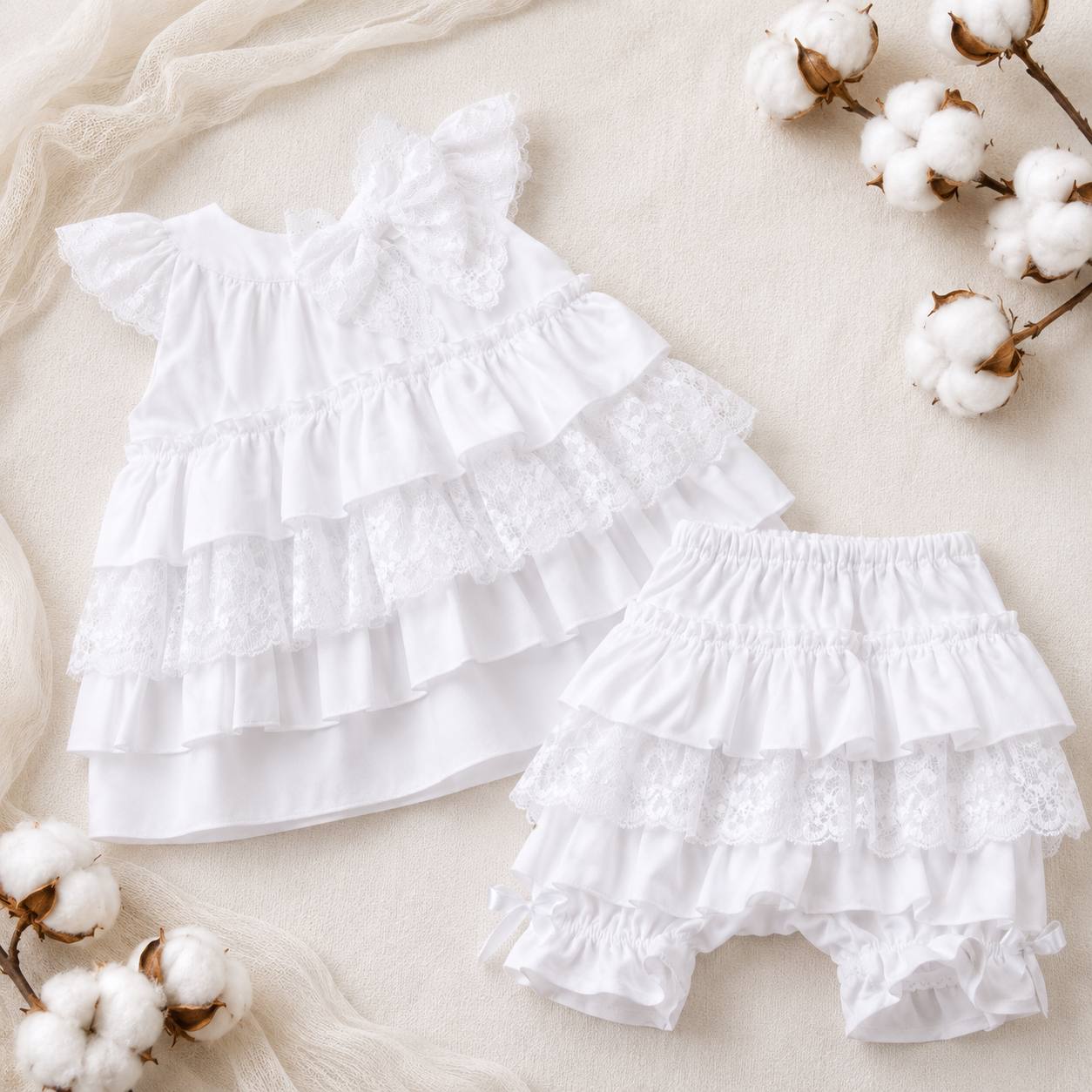 White ruffled baby outfit with cotton branches on a light background