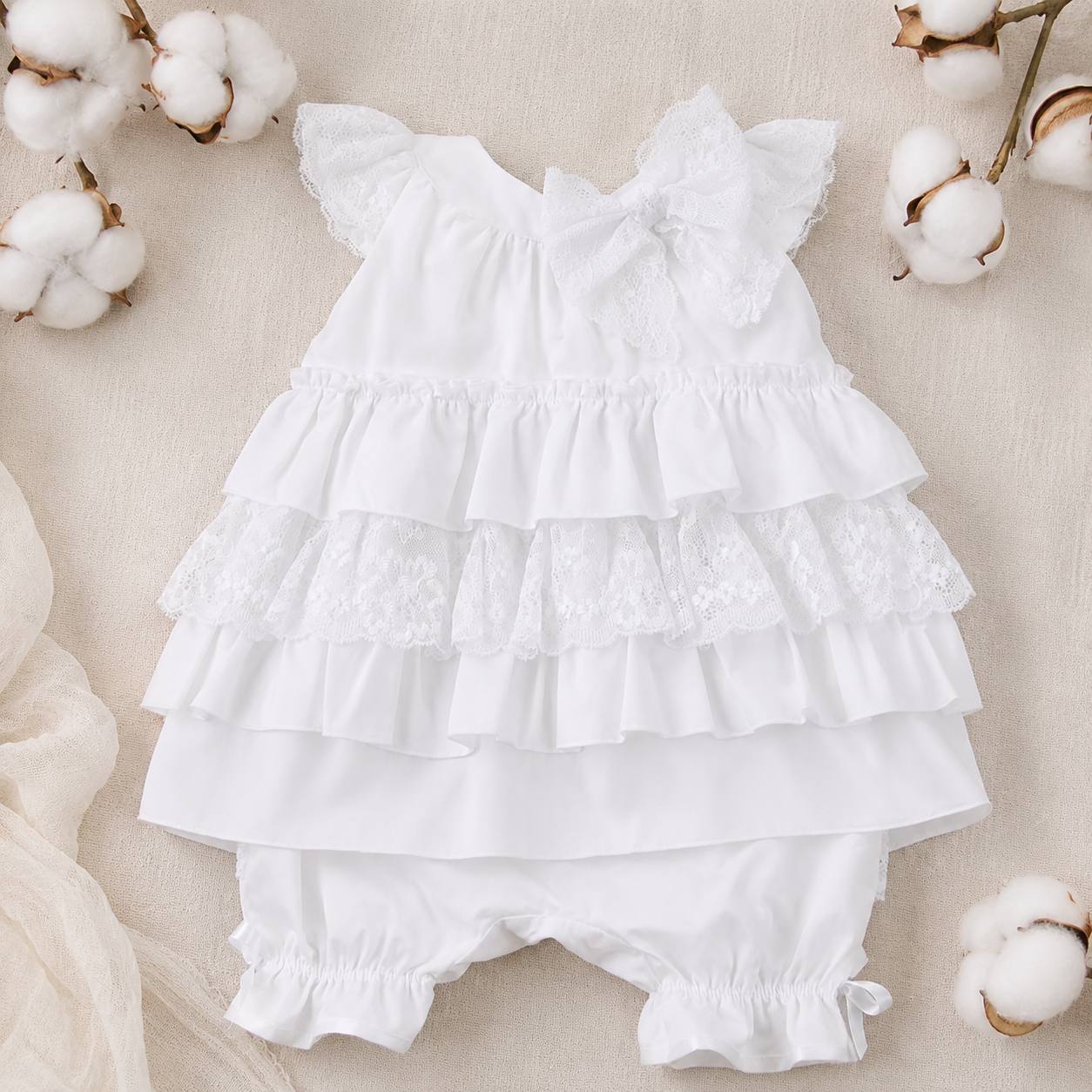 White ruffled baby dress and bloomers on a beige background with cotton flowers.