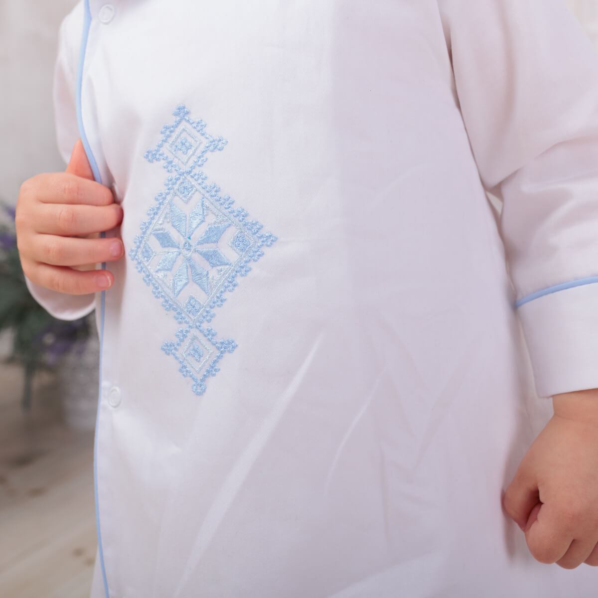 Baptism Gown with blue embroidery and piping
