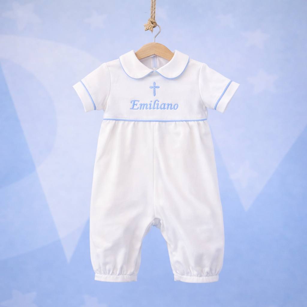 Knit Personalized Baptism Outfit for Boys – Romper, Hat & Booties Set