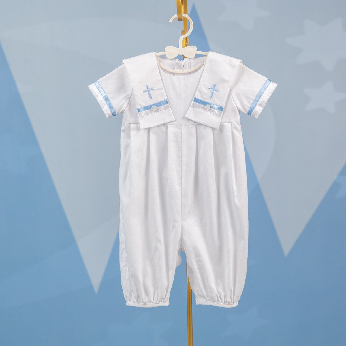 Baby Boy Baptism Romper – White Cotton, Blue Satin Ribbons - MARС