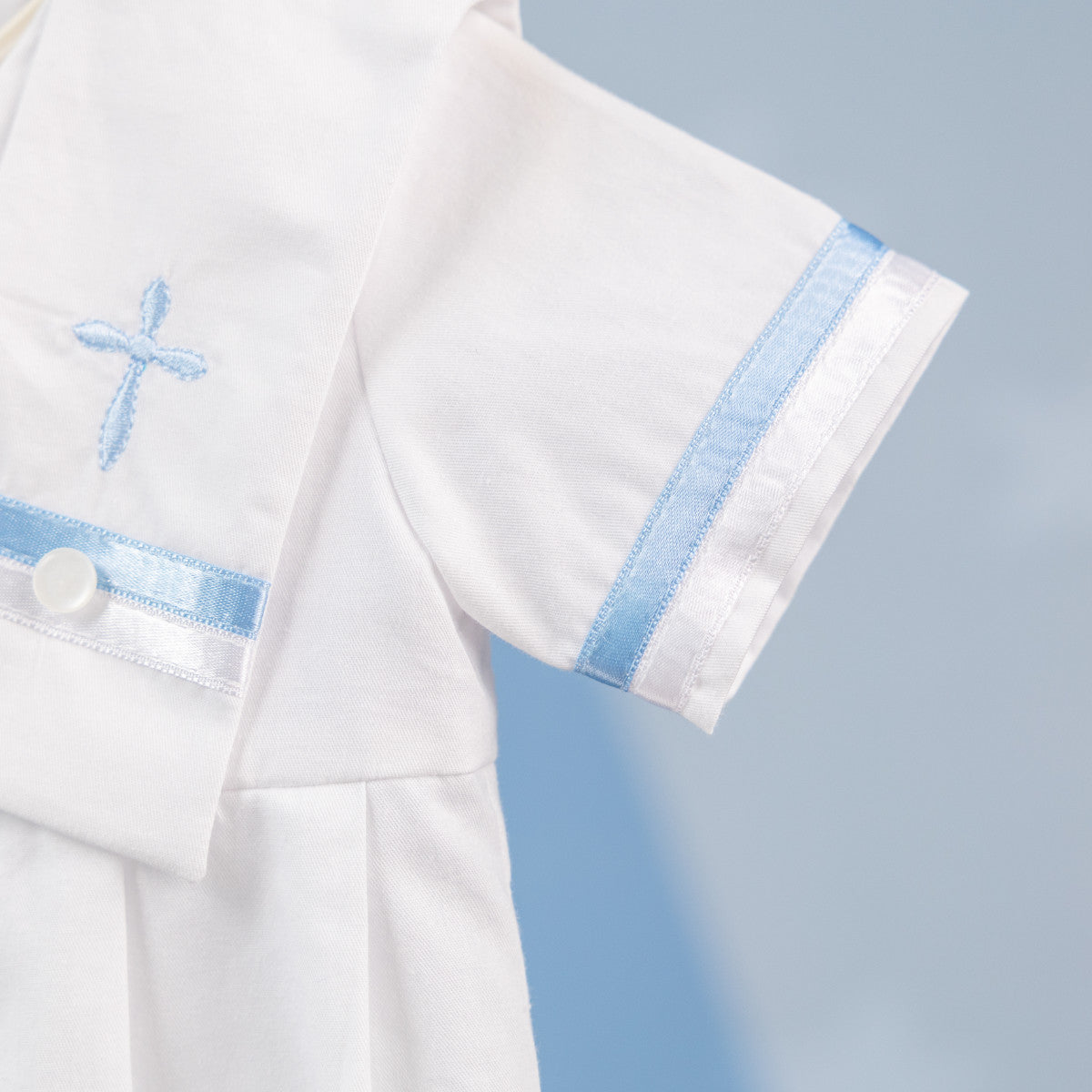 Baby Boy Baptism Romper – White Cotton, Blue Satin Ribbons - MARС