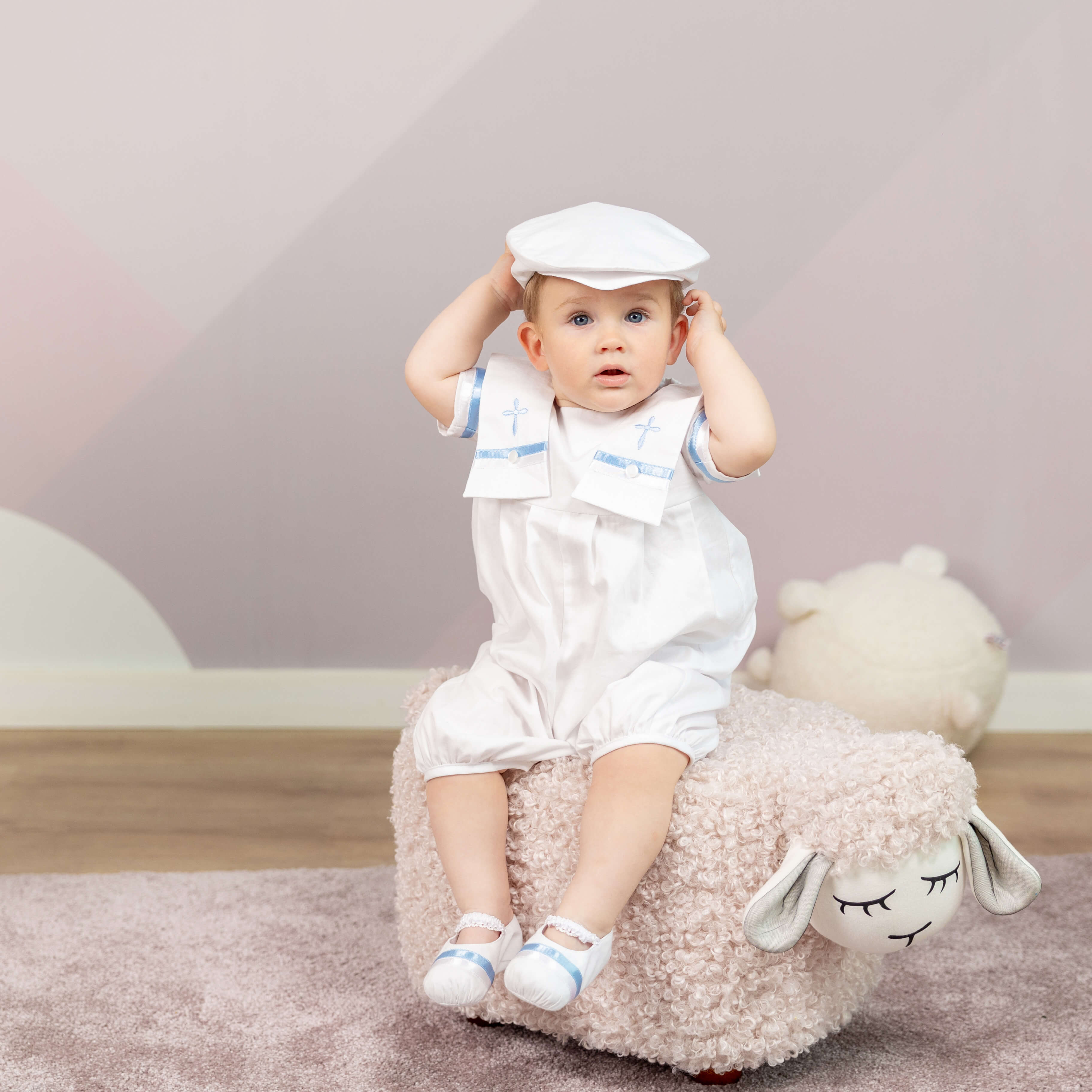 Baby Boy Baptism Romper – White Cotton, Blue Satin Ribbons - MARС