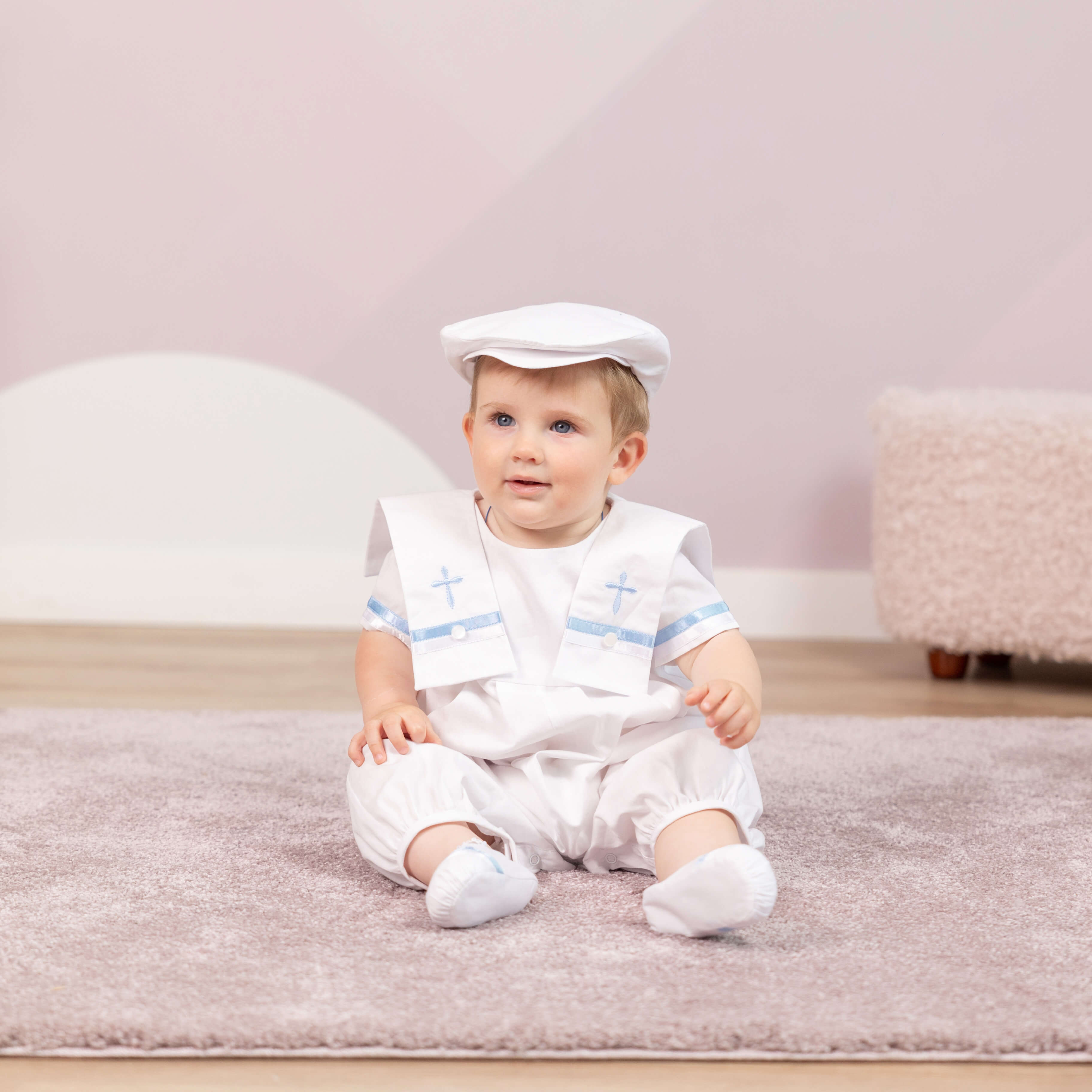 Baby Boy Baptism Romper – White Cotton, Blue Satin Ribbons - MARС