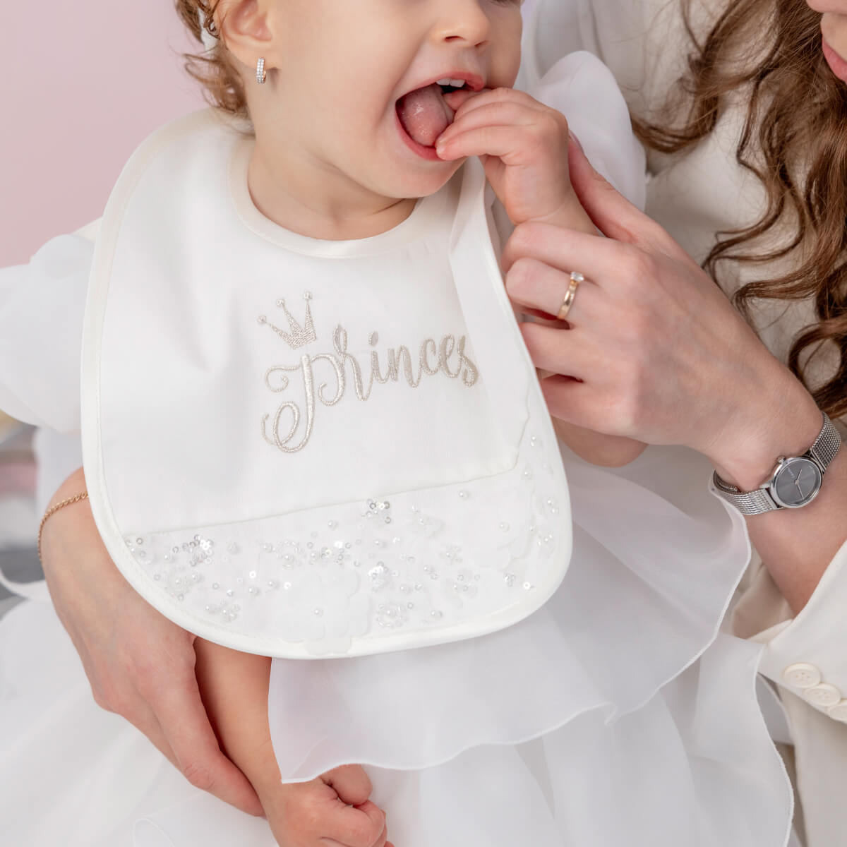 MAYA Baby Girl Bib with Lace & Embroidery