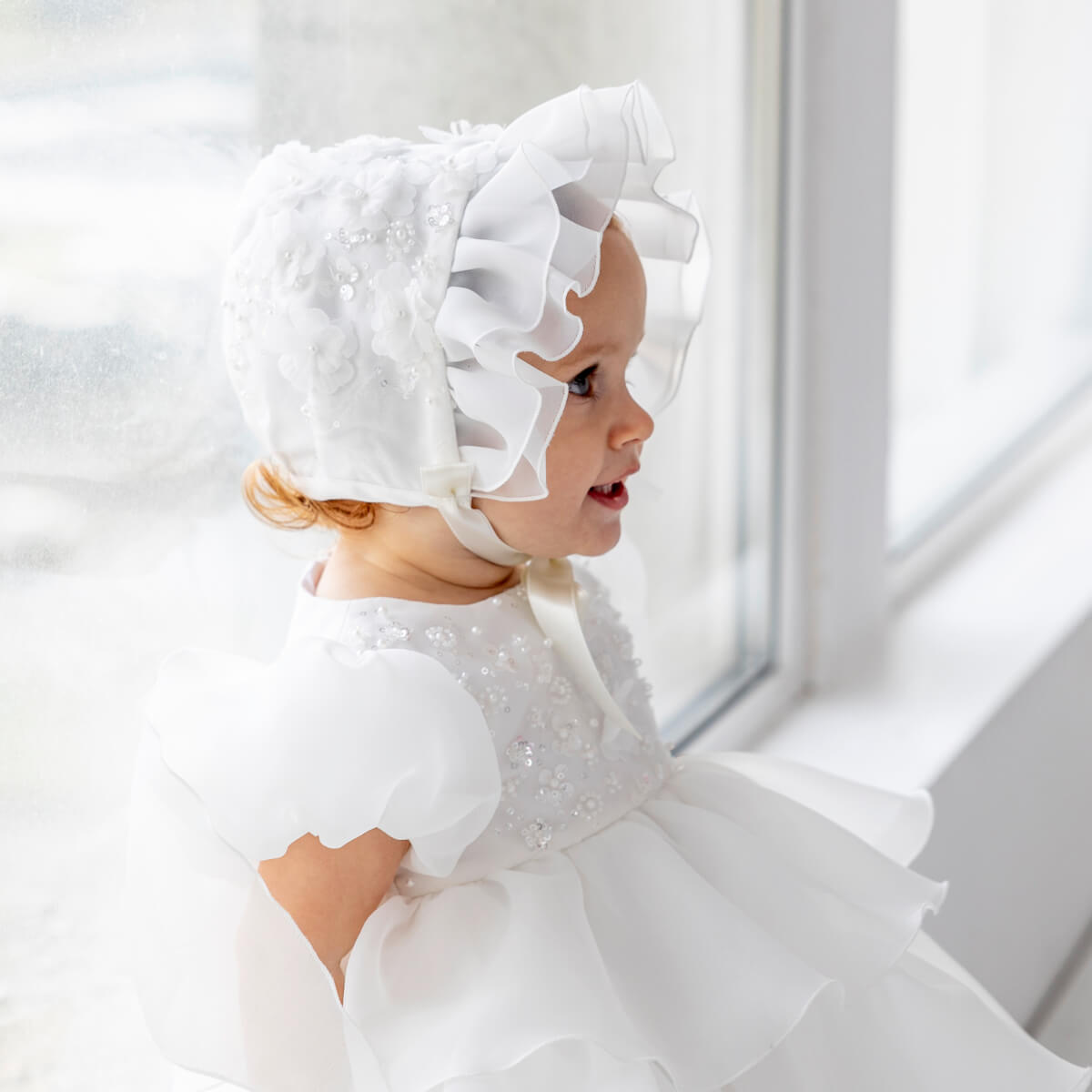 MAYA Baby Baptism Bonnet with Ruffles & Lace