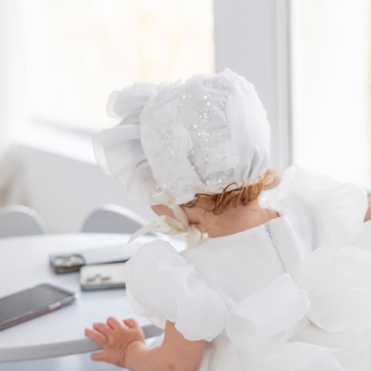 MAYA Baby Baptism Bonnet with Ruffles & Lace