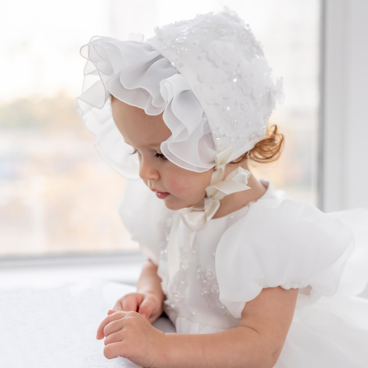 MAYA Baby Baptism Bonnet with Ruffles & Lace
