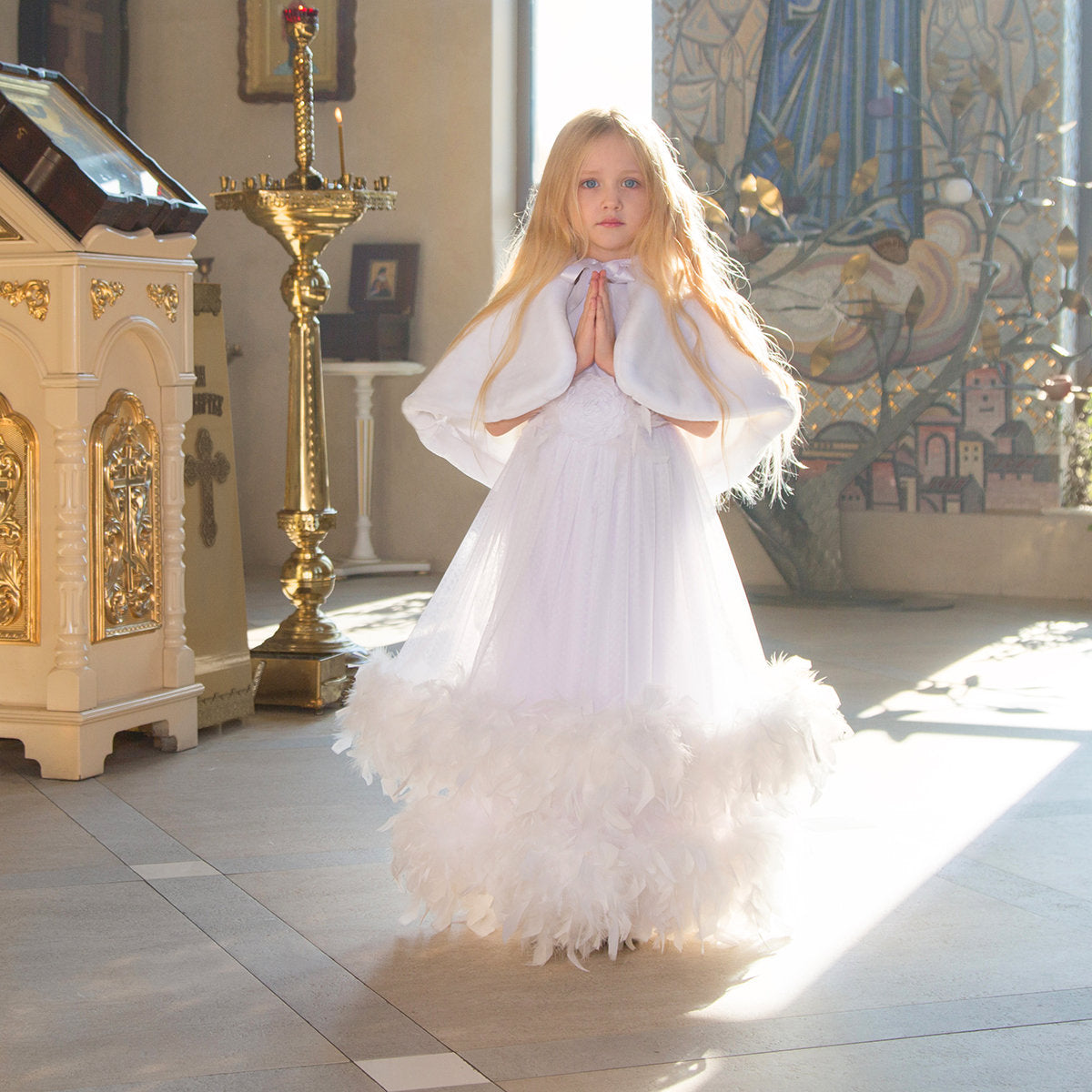MELODY First Communion Dress with Boa Feather