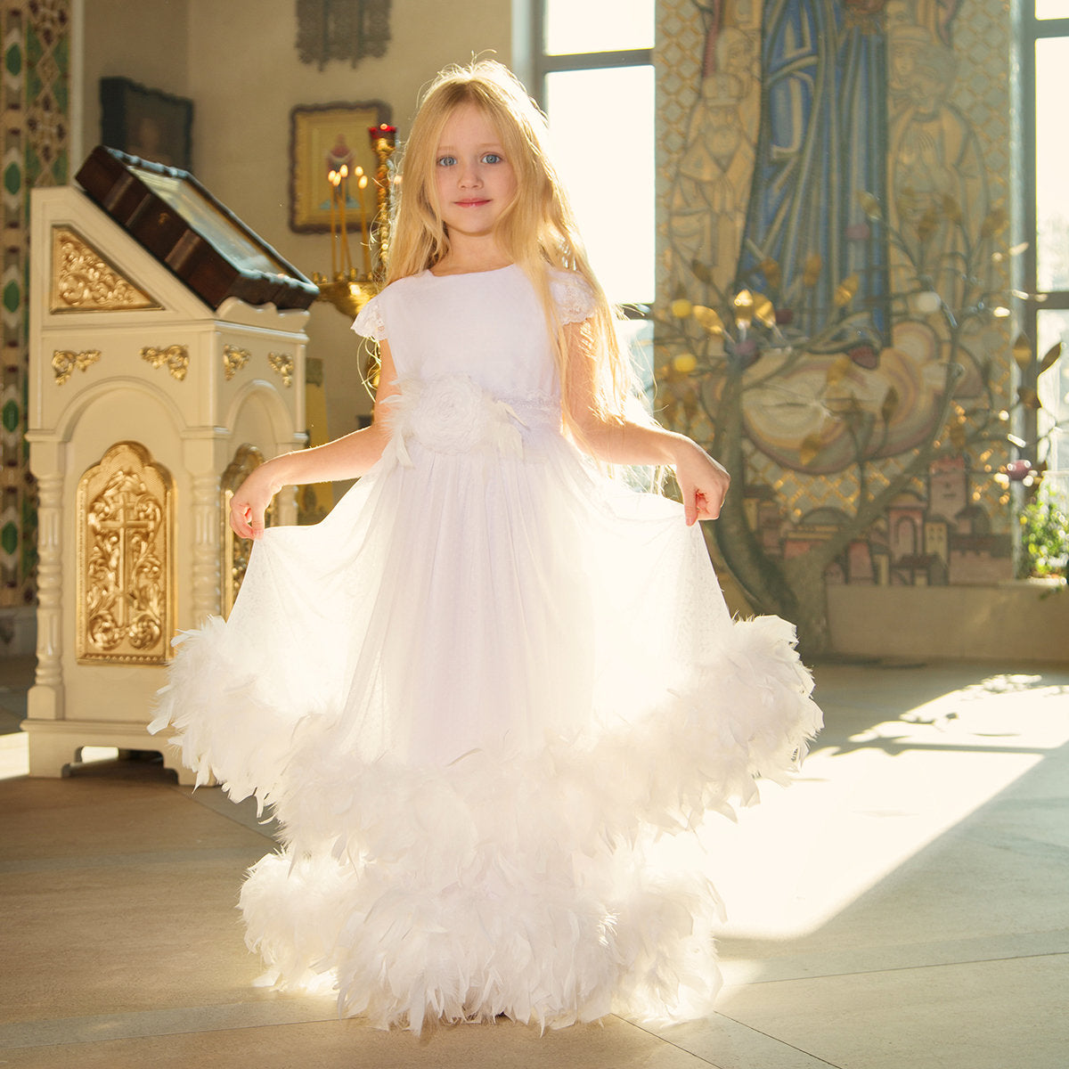 MELODY First Communion Dress with Boa Feather