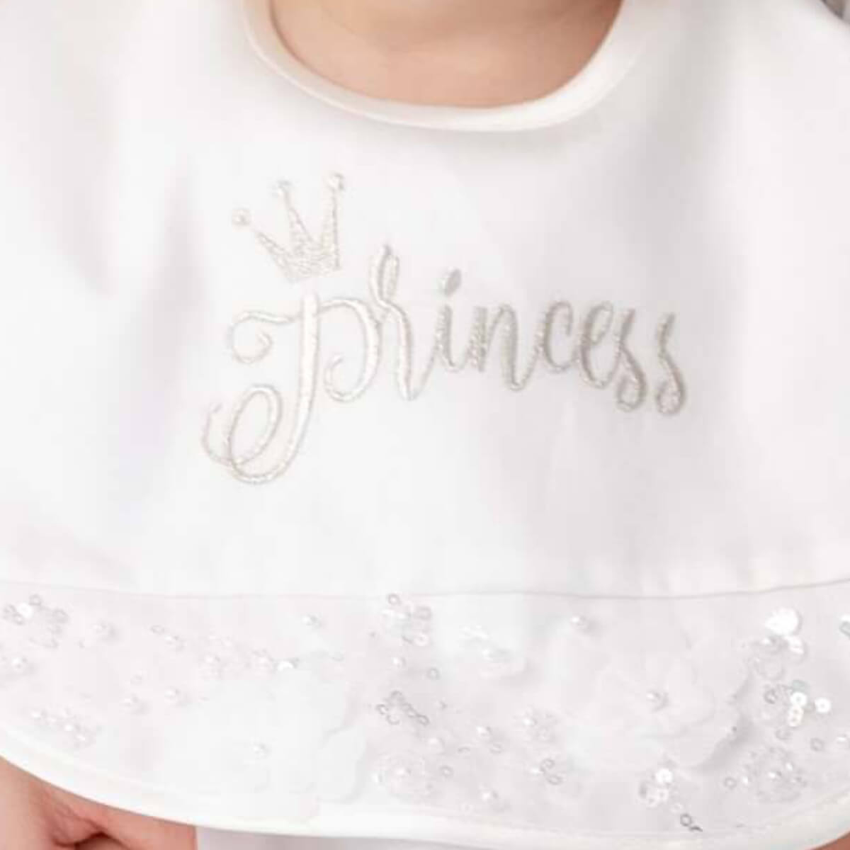 White bib with 'Princess' and a crown embroidered on it