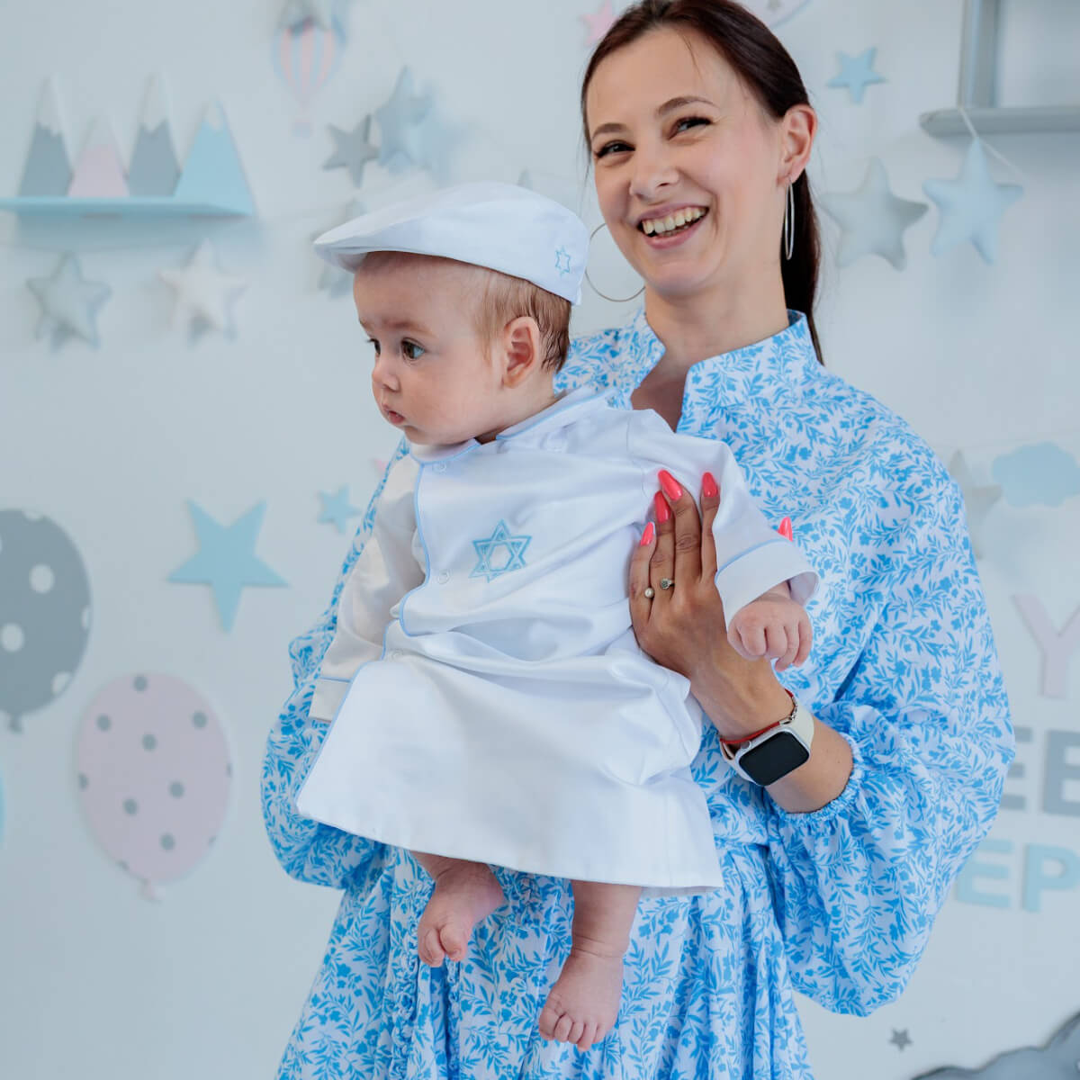 Baby Newsboy Cap with David Star – White Polished Cotton
