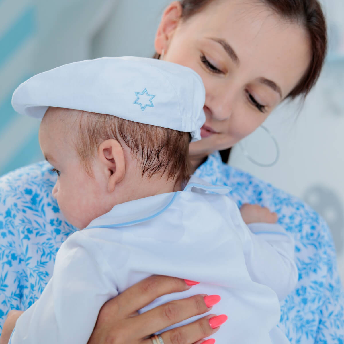 Baby Newsboy Cap with David Star – White Polished Cotton