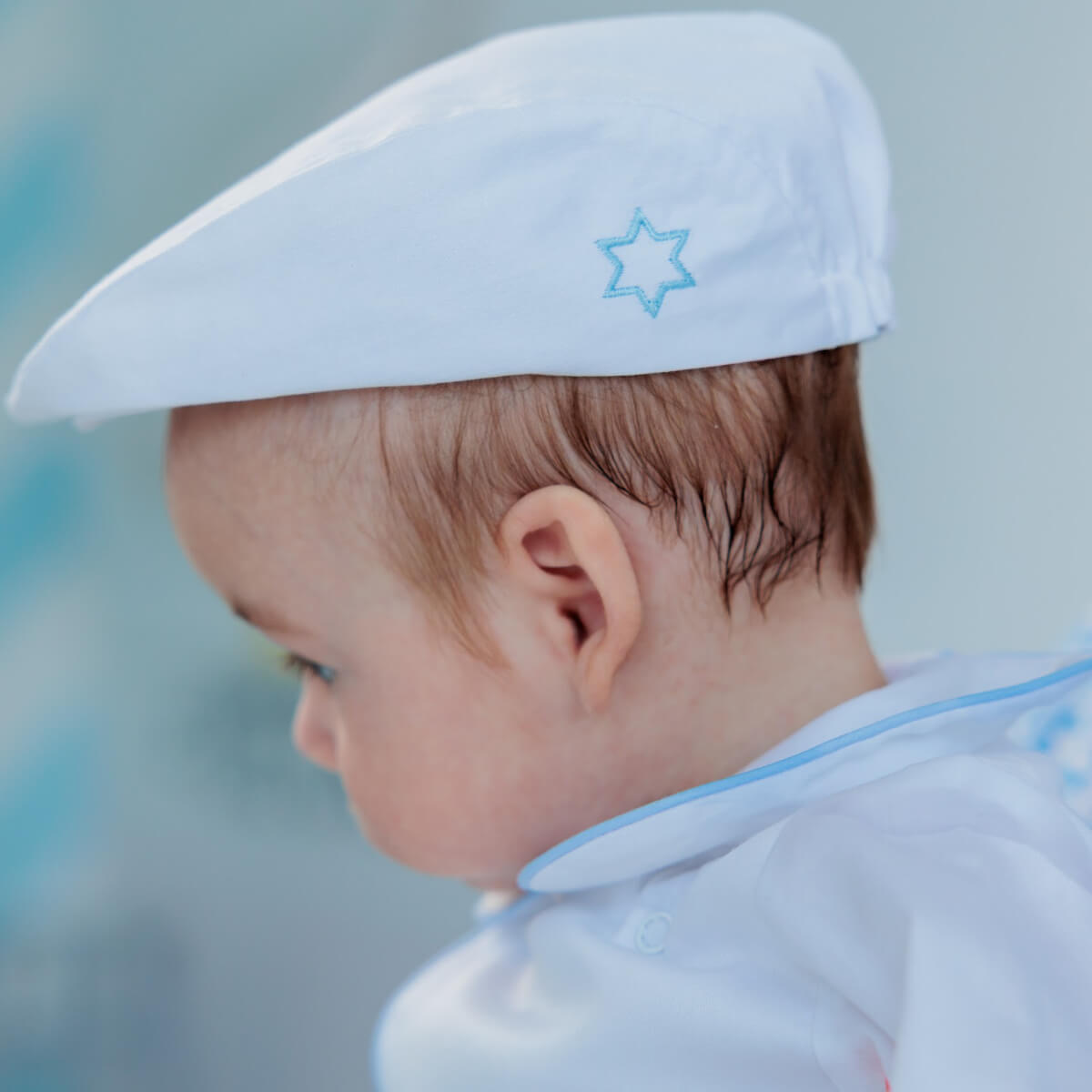 Baby Newsboy Cap with David Star – White Polished Cotton