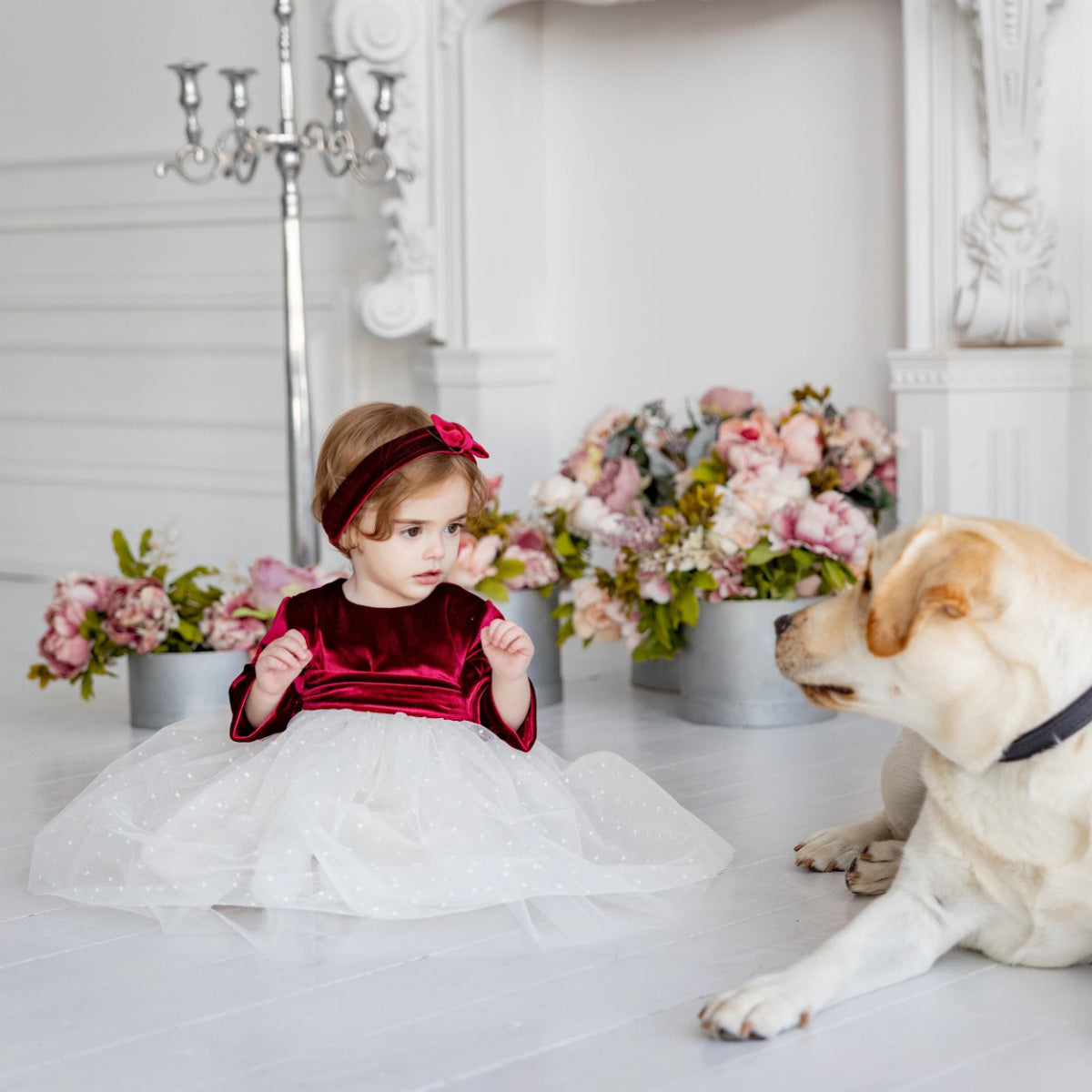 Young girl in a red velvet dress sitting next to a dog in a decorated room with flowers and a candelabra.