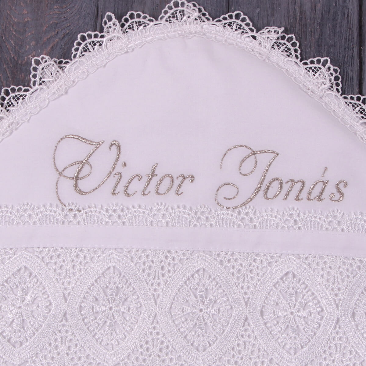 Personalized Baby Keepsake Blanket with embroidered names on a wooden surface