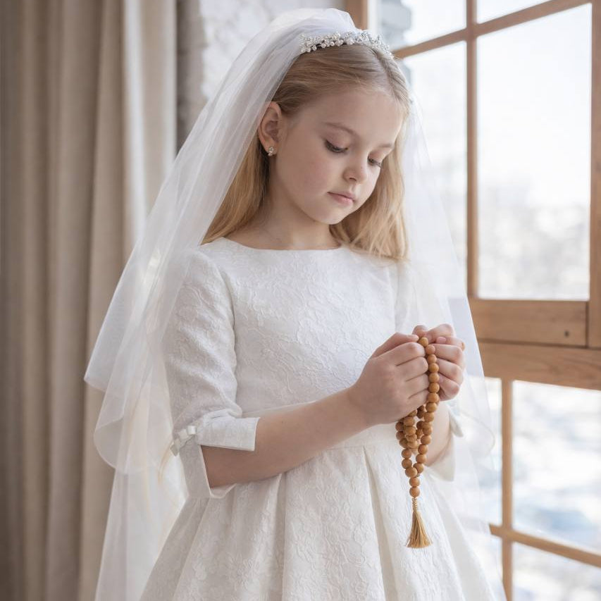 Young girl in a white dress with a veil holding a rosary, standing by a window.