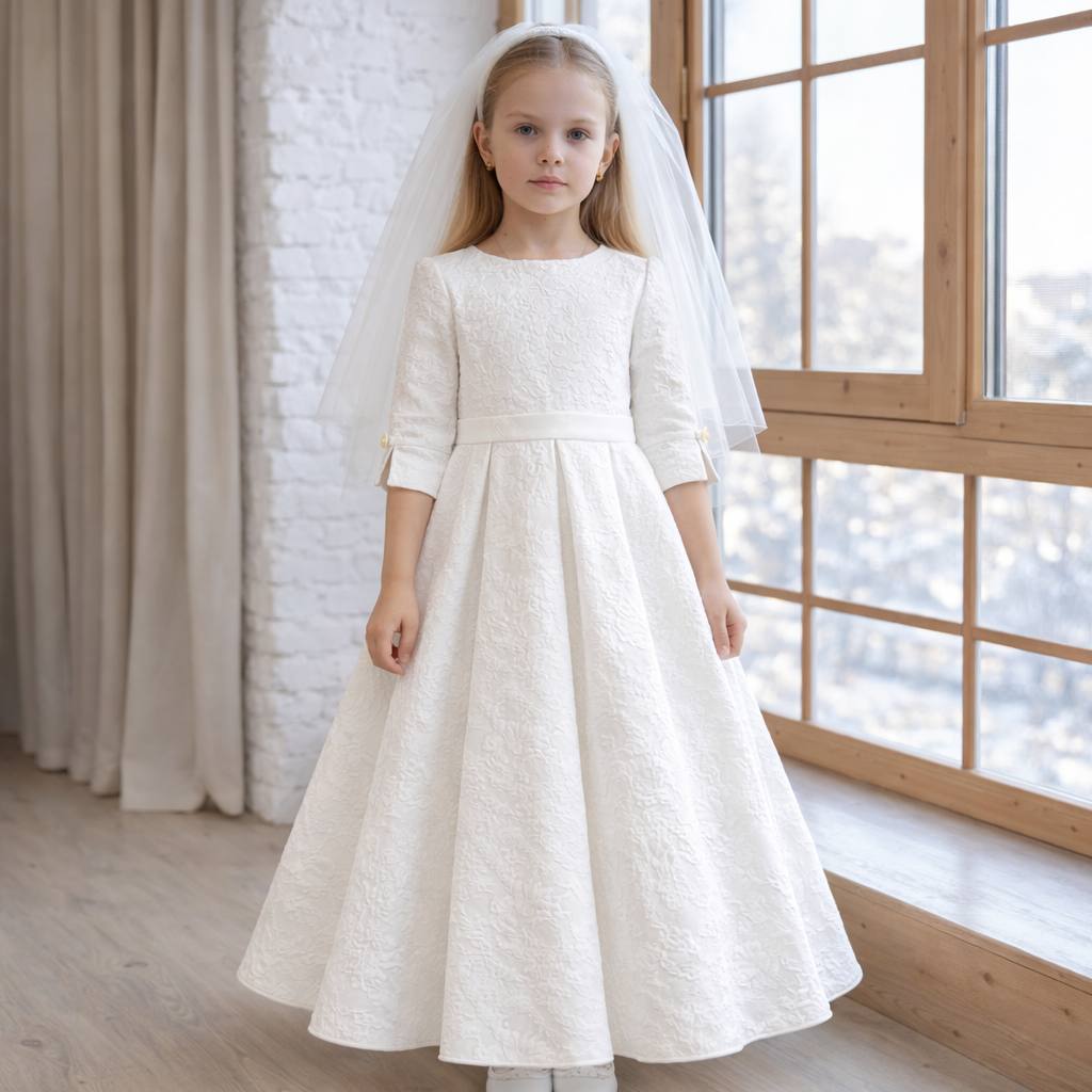 Young girl in a white communion dress with a veil standing in a room with large windows.