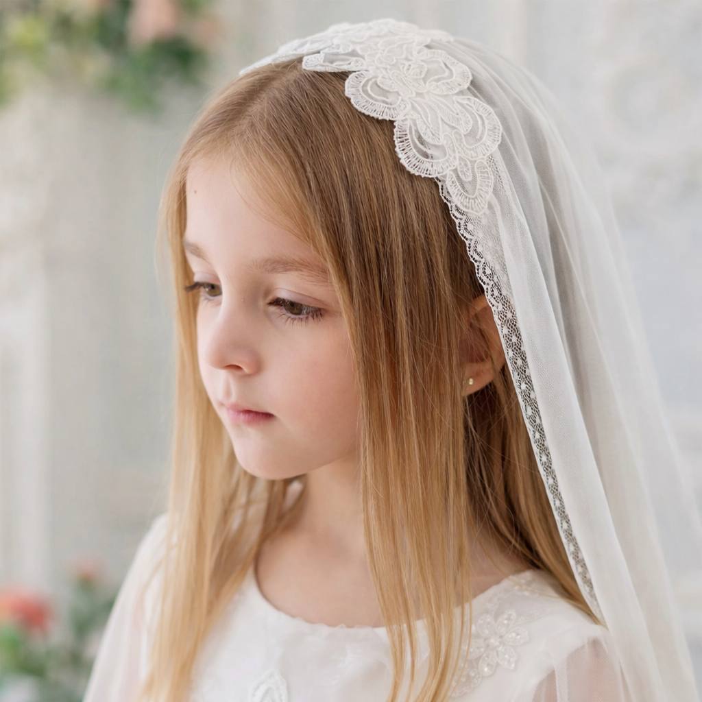 Young girl wearing a white lace headband with a blurred floral background