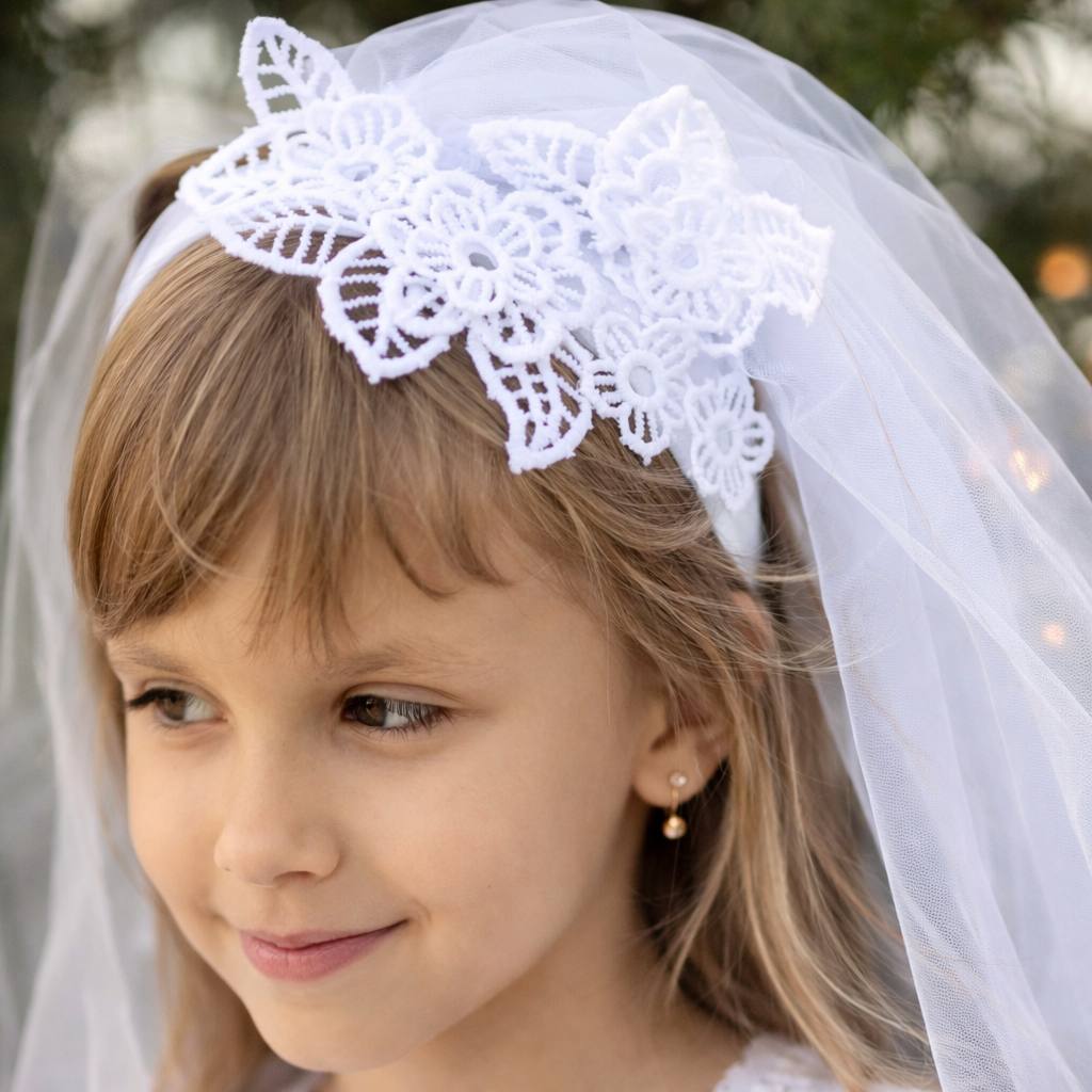 Young girl wearing a white lace headband and veil outdoors