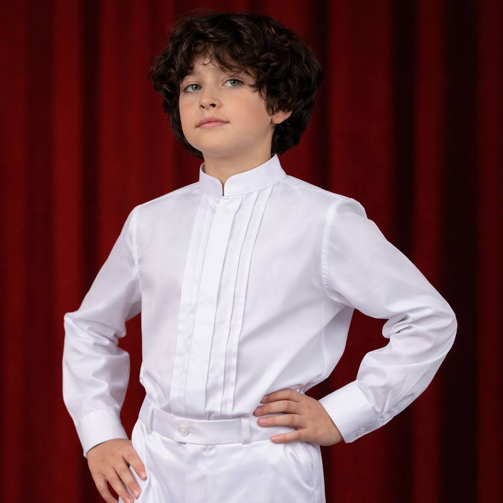 Boys Shirt with Stand Collar – White / Ivory Cotton