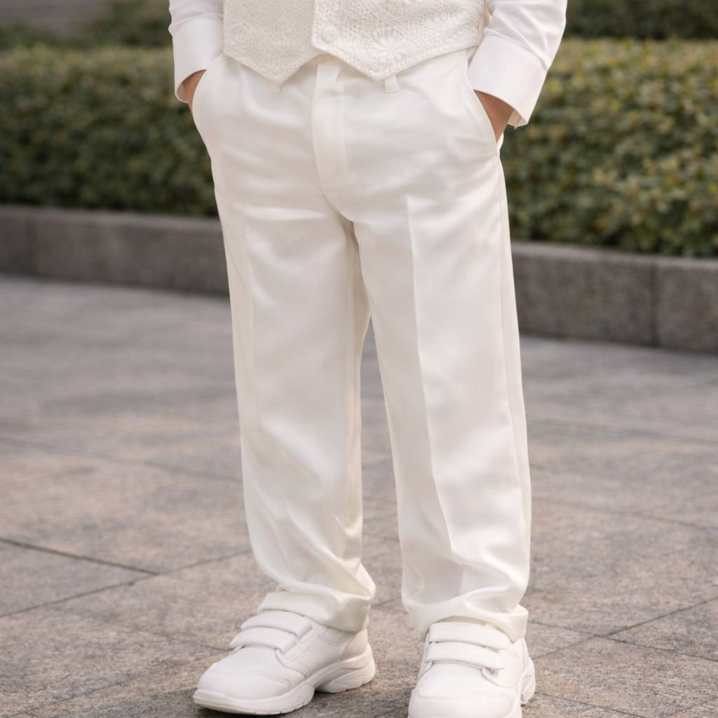 Boys White & Ivory Trousers, Satin Pants