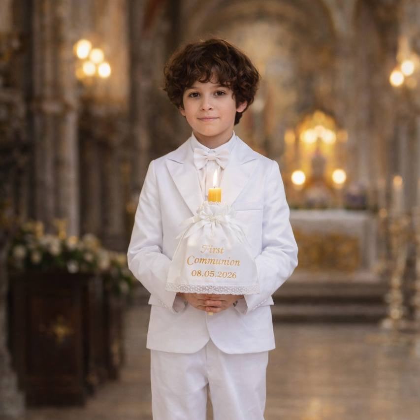 Young boy in a white suit holding a candle in an elegant indoor setting
