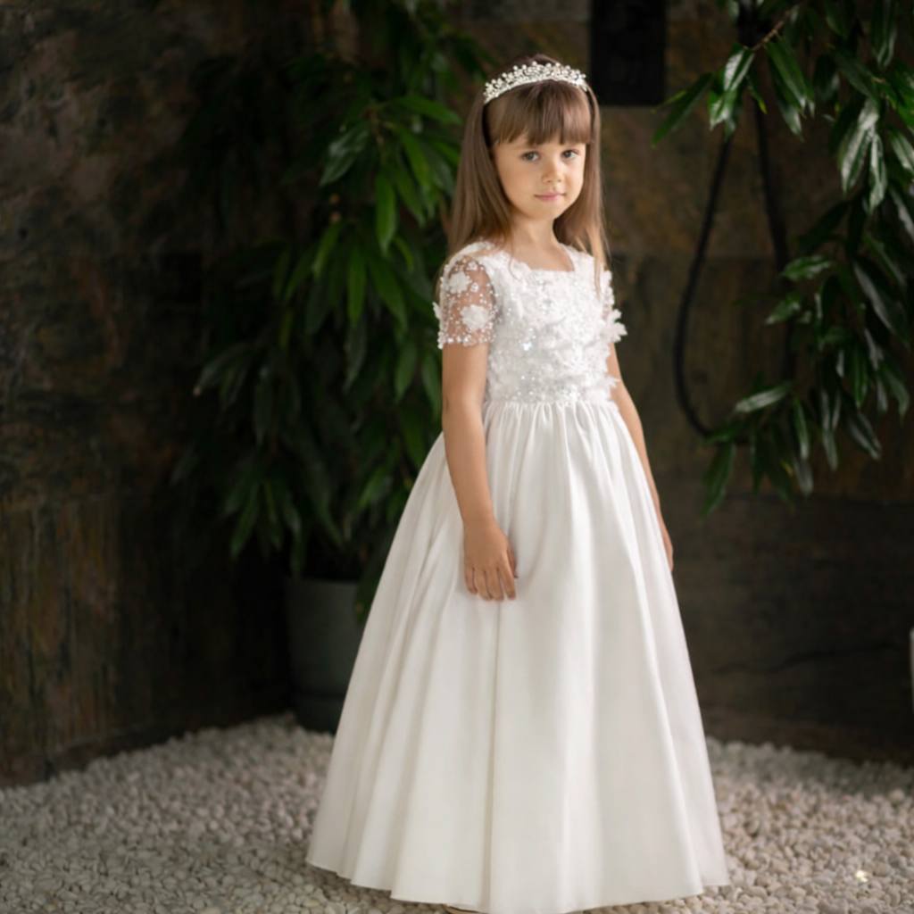 LILY Wedding Flower Girl Dress – Silk Dress with 3D Lace and Pearls