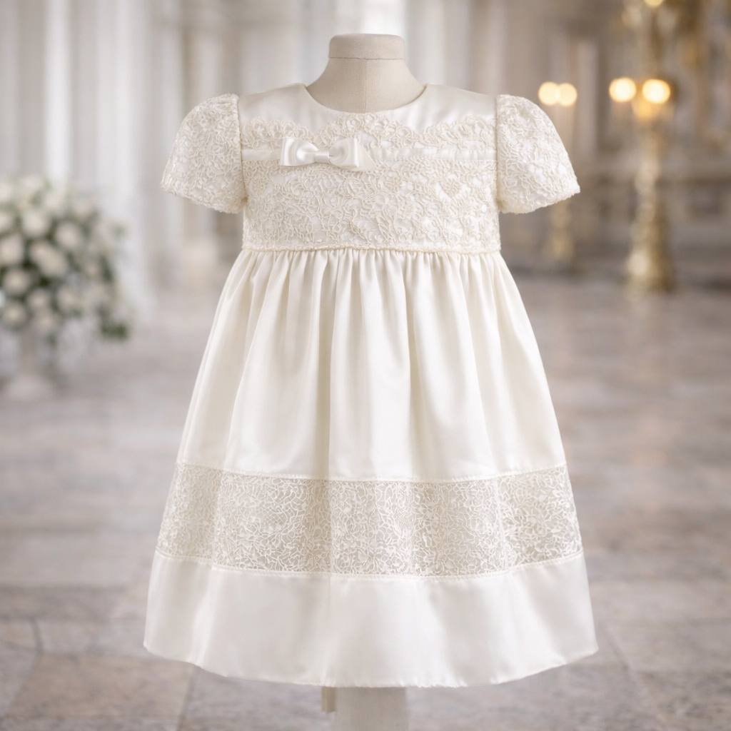 White lace dress on a mannequin in a softly blurred indoor setting