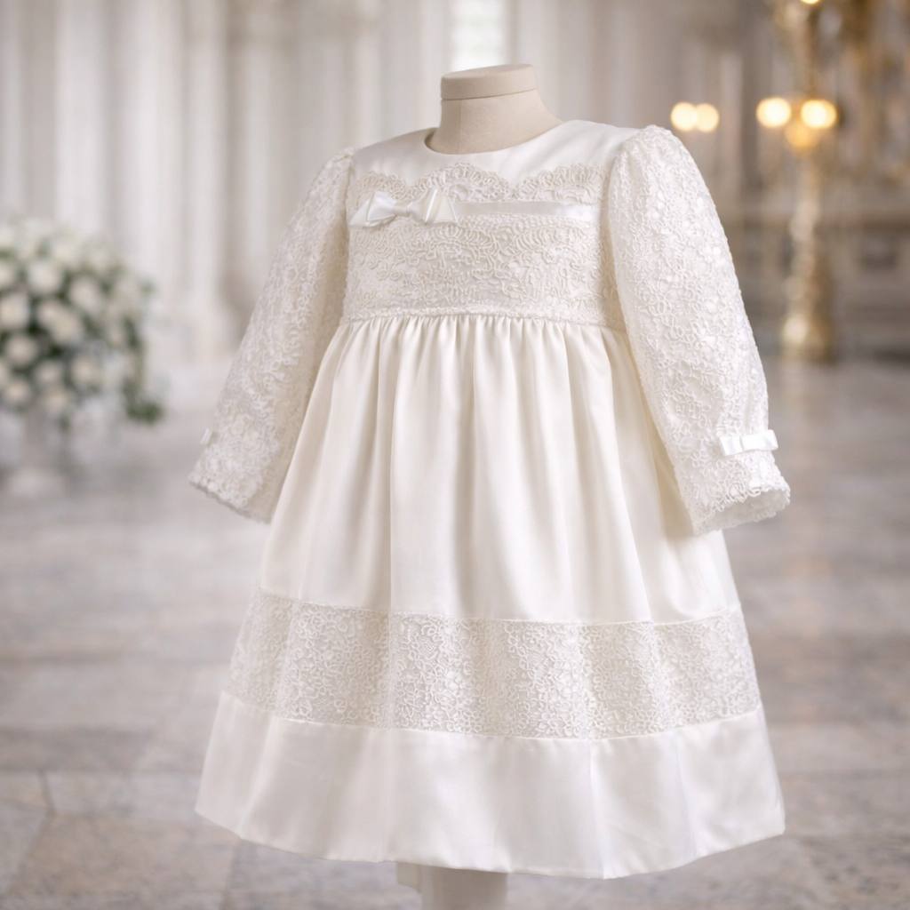 White lace dress on a mannequin against a blurred indoor background