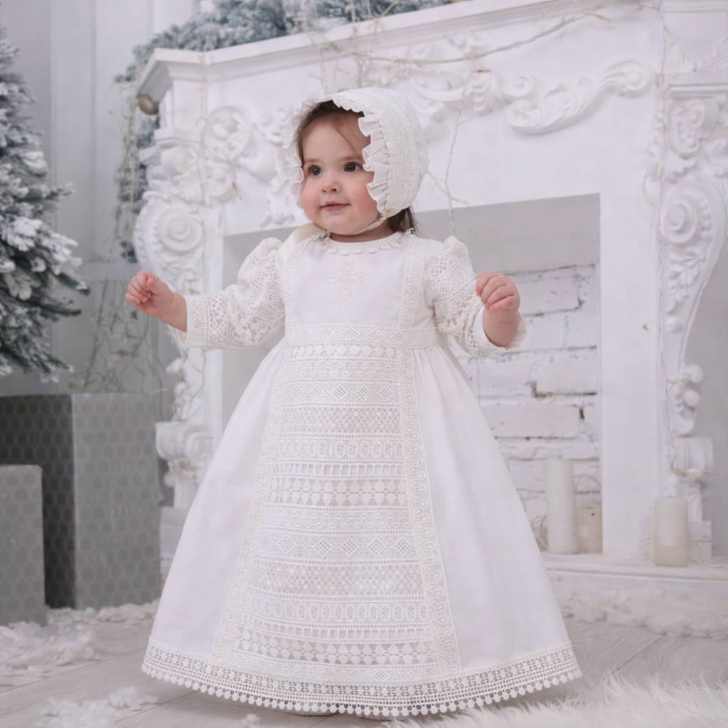 Child in a white lace christening dress and bonnet standing in a decorated room with a Christmas tree.