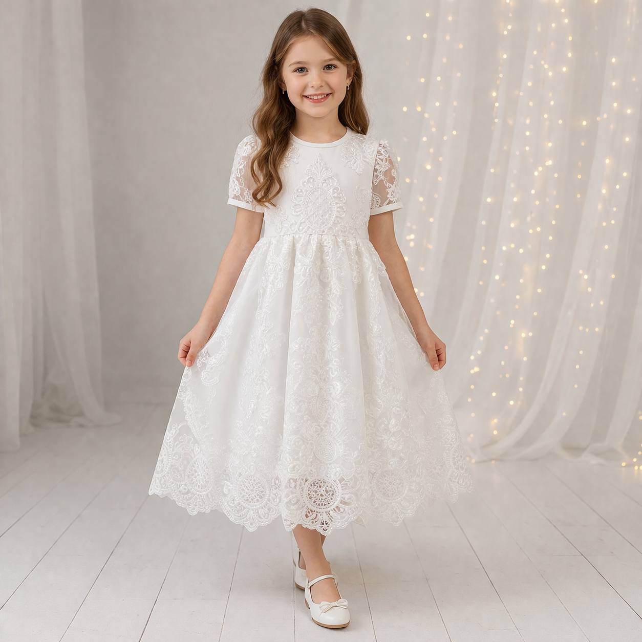 Young girl in ivory lace dress standing against a light curtain backdrop.