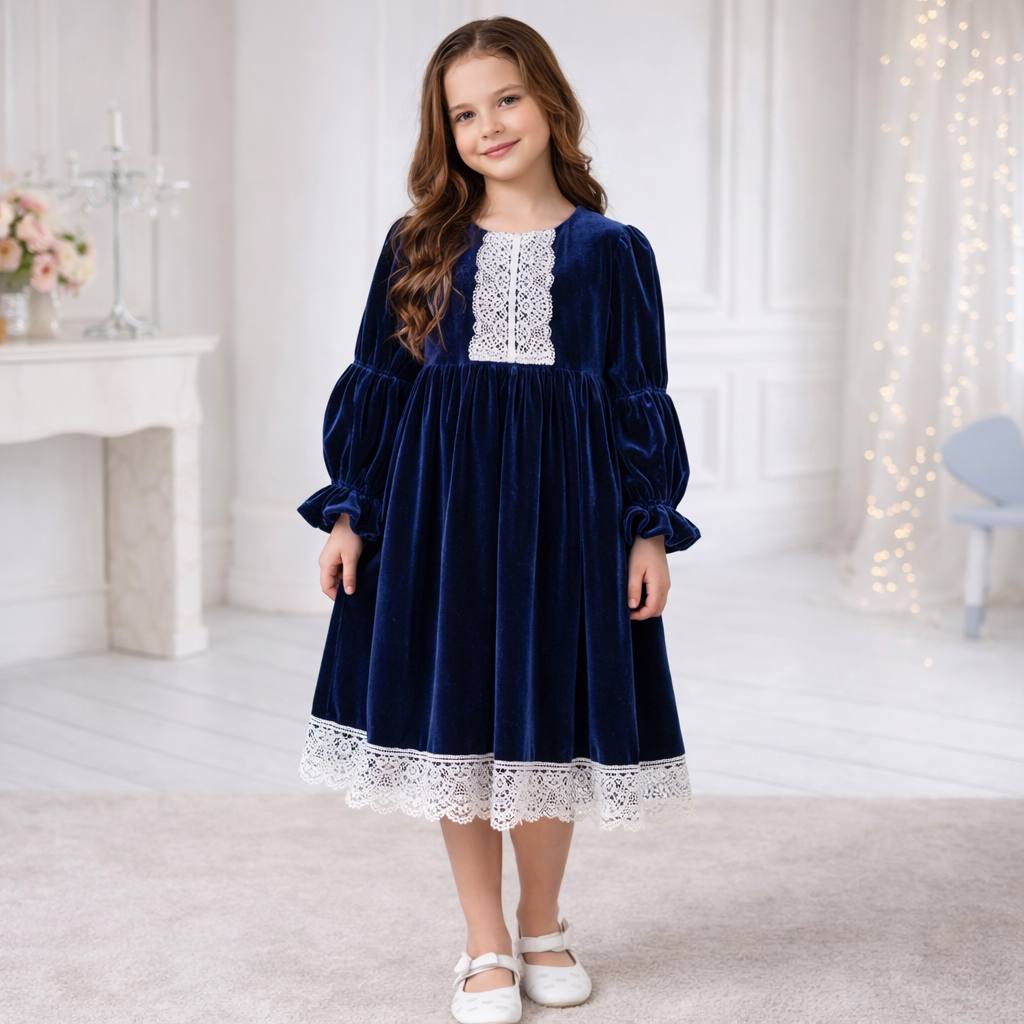 Young girl wearing a blue velvet dress with white lace details in a softly lit room.