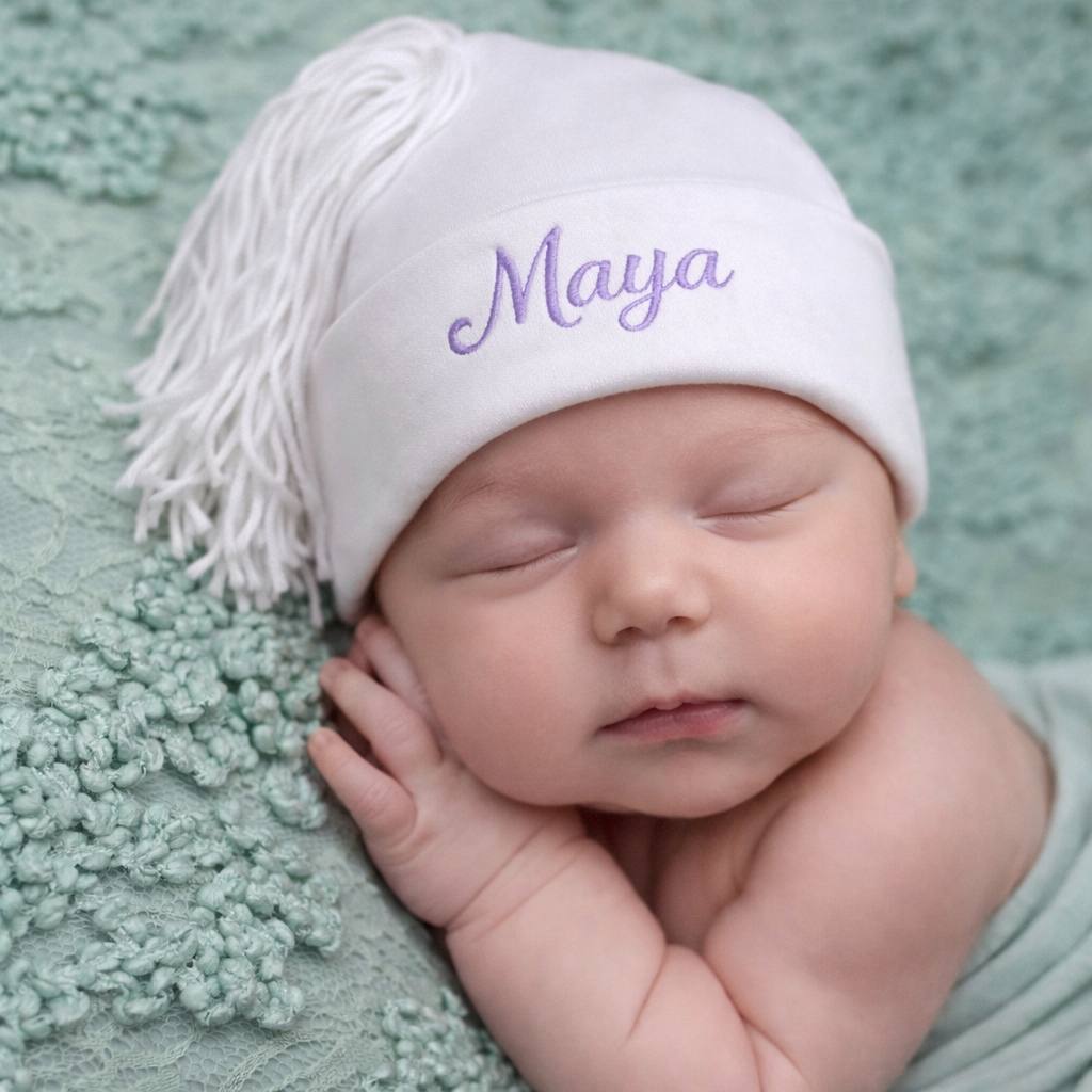 Newborn baby wearing a white hat with 'Maya' embroidered on it, lying on a textured green blanket.