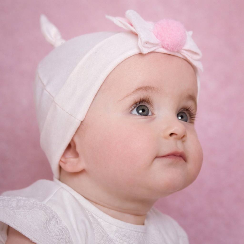 Baby wearing a white hat with a pink pom-pom on a pink background